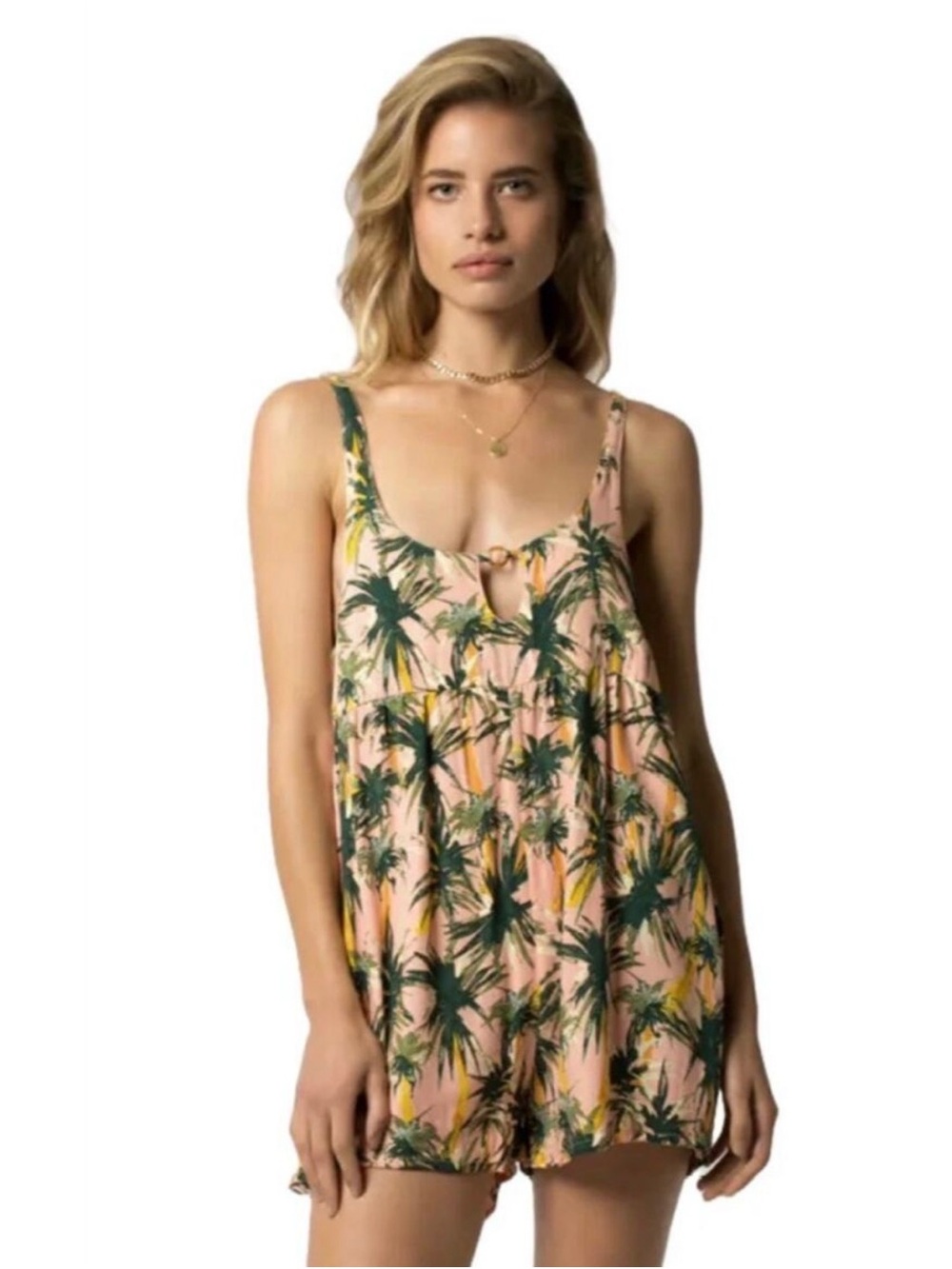 Pink Palm-Print Sleep Romper with Tie Front